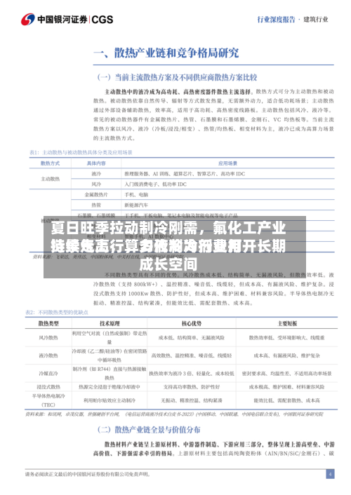 夏日旺季拉动制冷刚需,氟化工产业链景气上行,多代制冷剂费用
持续走高,算力液冷为行业打开长期成长空间